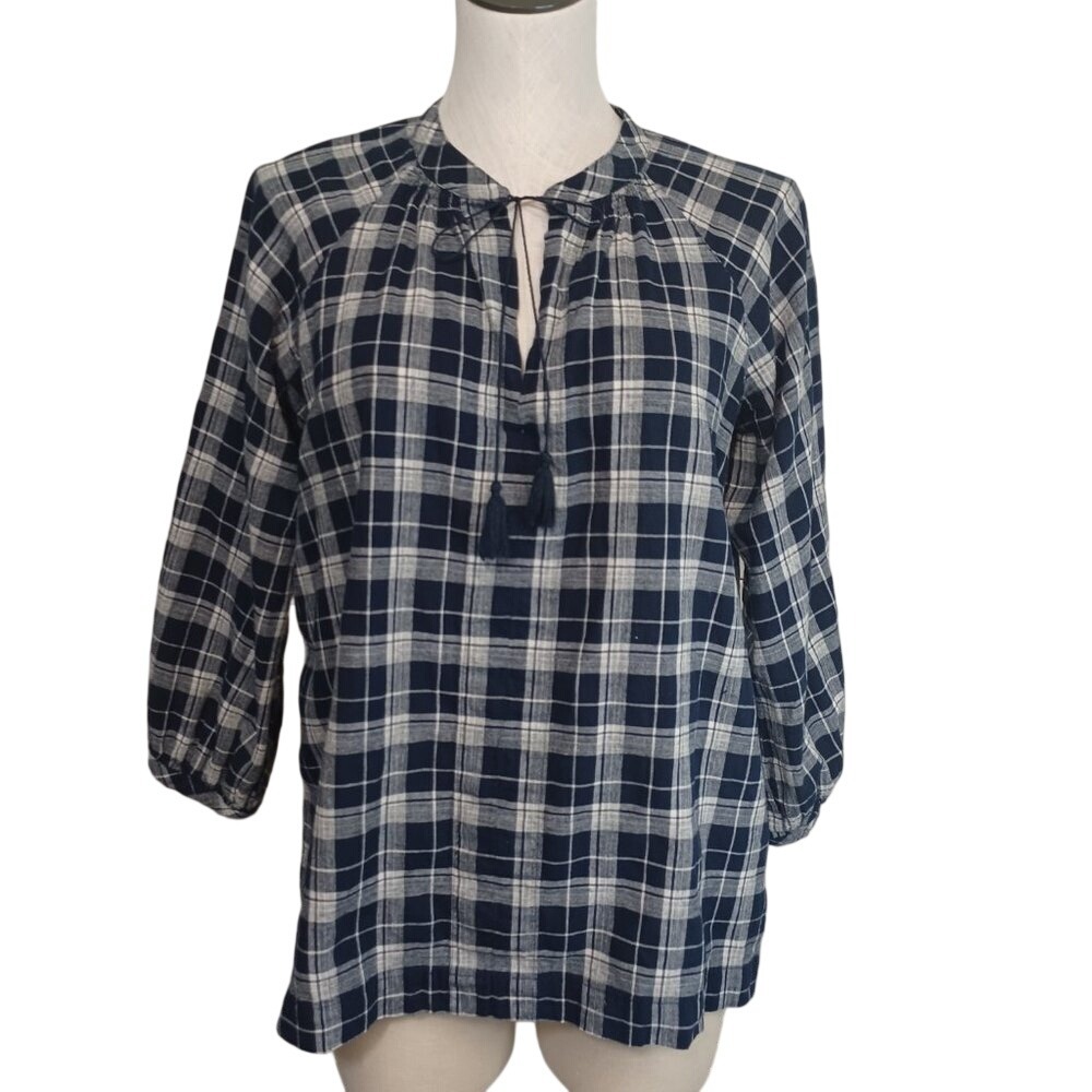 Madewell Black White Plaid‎ Cotton Linen Tassel Tie Neck Blouse Womens Small
